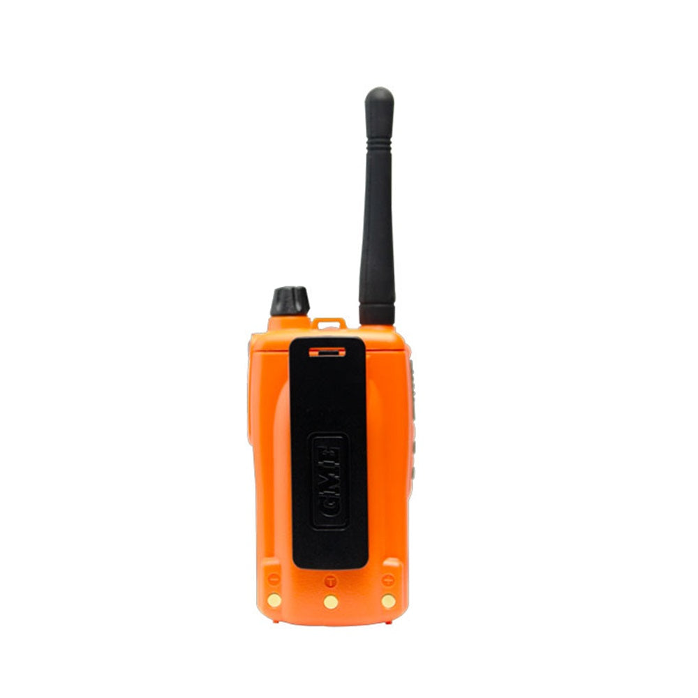 GME 5 Watt UHF Orange Handheld Radio-TX6165XO. Back view of orange radio with black belt clip and black antenna.