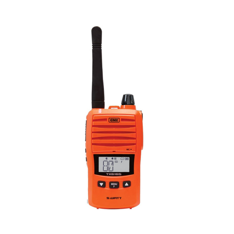 GME 5 Watt UHF Oange Handheld Radio-TX6165XO. Front view of orange radio with black antenna.