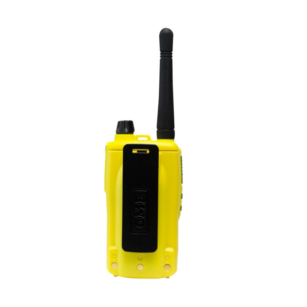 GME 5 Watt UHF Yellow Handheld Radio-T6165XY. Back view of yellow radio with black belt clip and black antenna.