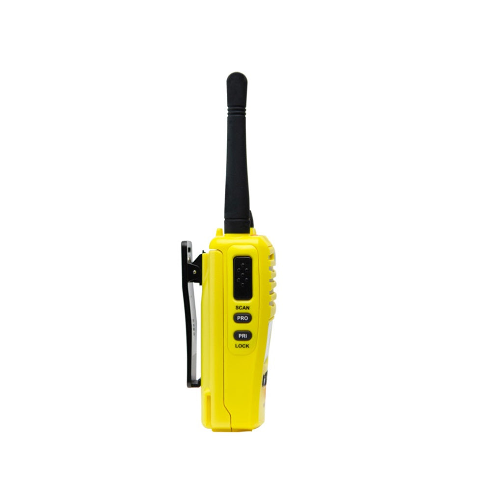 GME 5 Watt UHF Yellow Handheld Radio - TX6165XY. Front view of yellow radio with black belt clip and black antenna.