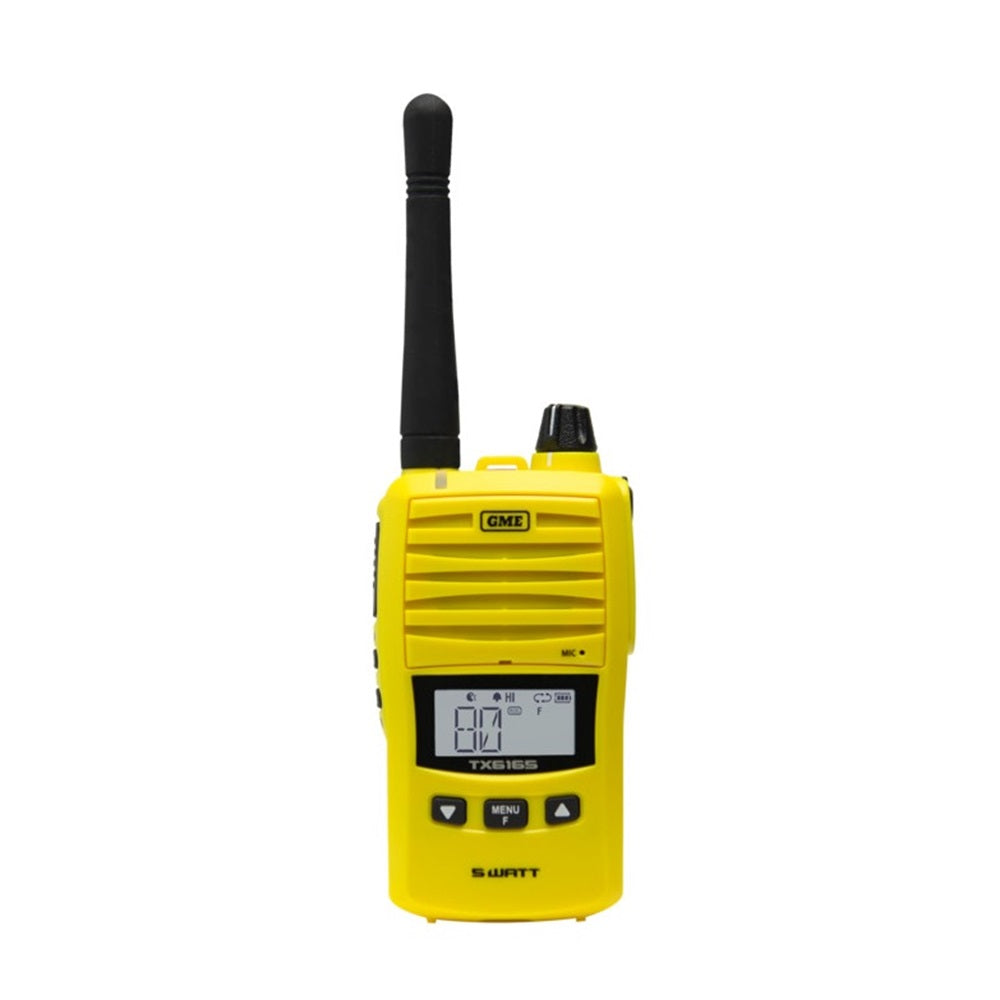 GME 5 Watt UHF Yellow Handheld Radio-TX6165XY. Front view of yellow radio with black antenna.