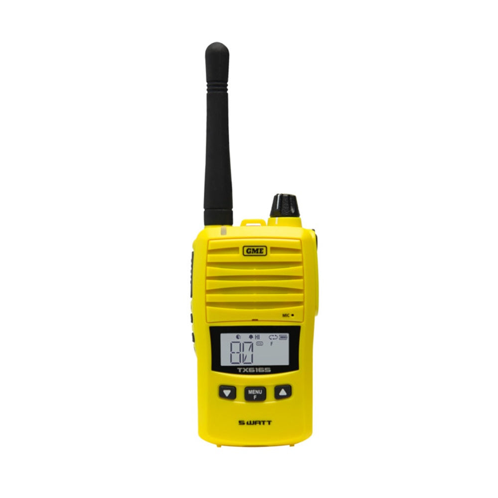 GME Handheld UHF 5w Radio Twin Pack Yellow W/Case-TX6165YTP. Front view of yellow radio with black antenna.