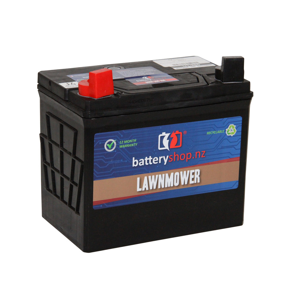 Heavy Duty Battery Ride-On Lawn Mower 12V 280CCA.  Angled view showing label and terminals.