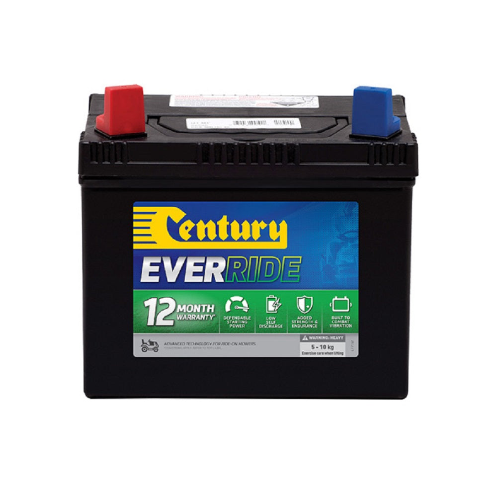 Century Battery: Small Engine CSL 12V 330CCA-U1MF. Front view of black battery with yellow Century logo on blue and green label on front.