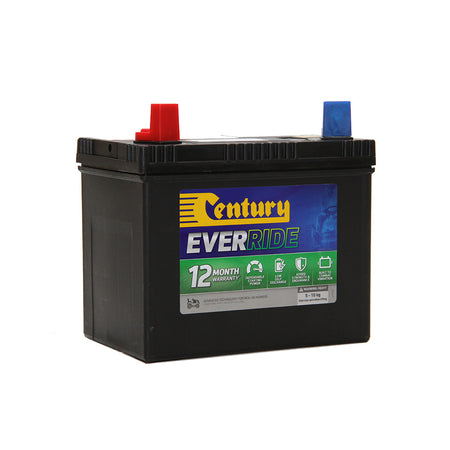 EverRide Battery: Small Engine AGM 12V 330CCA - U1MF. Front view of black battery with yellow Century logo on blue and green sticker with red and blue terminal covers.