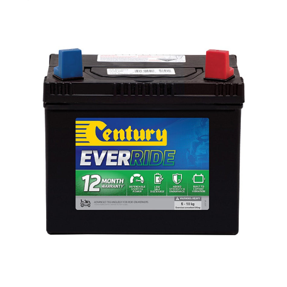 Century Battery: Small Engine CAL 12V 330CCA-U1RMF. Front view of black battery with yellow Century logo on blue and green label on front.