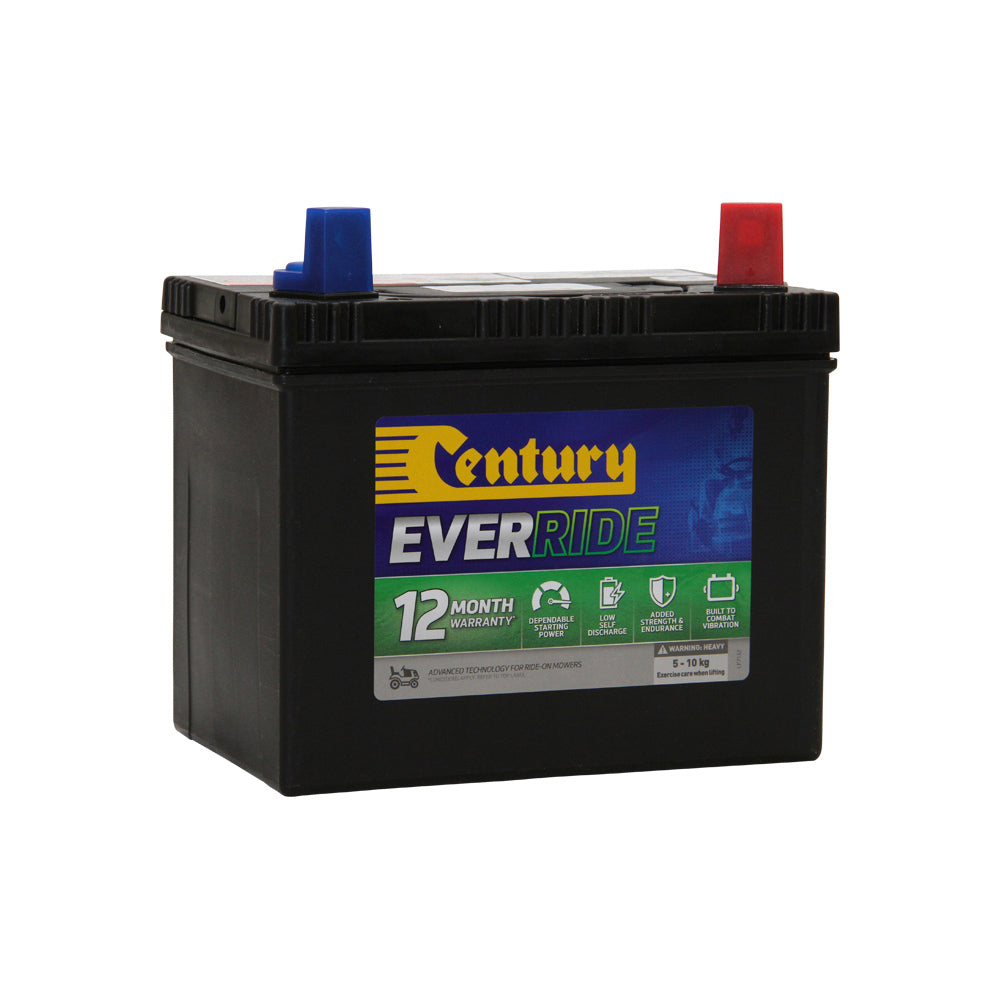 EverRide Battery: Small Engine AGM 12V 330CCA - U1RMF. Front view of black battery with yellow century logo on green and blue sticker and red and blue terminal covers.