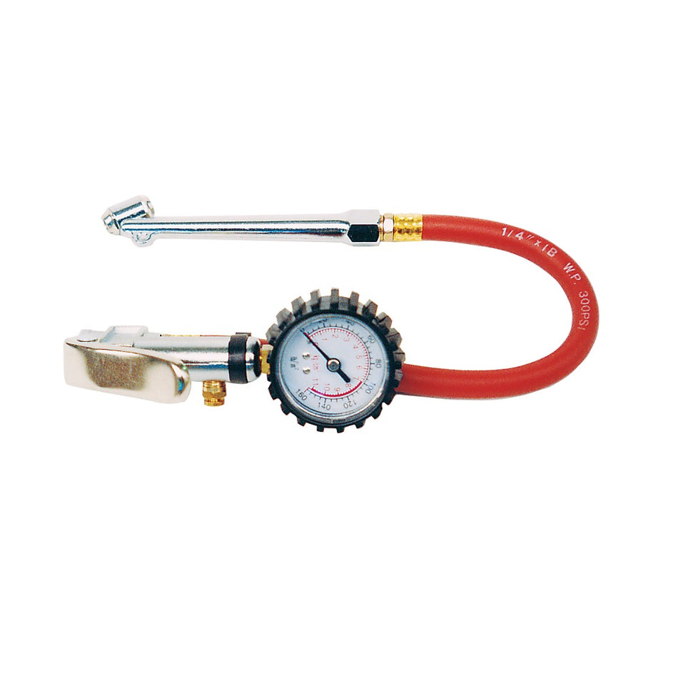 Wellmade Tyre Inflator C/W Gauge-W2046B. Front view of inflator with a 12" rubber red hose and a 6" dual head chuck and 2" dial gauge.