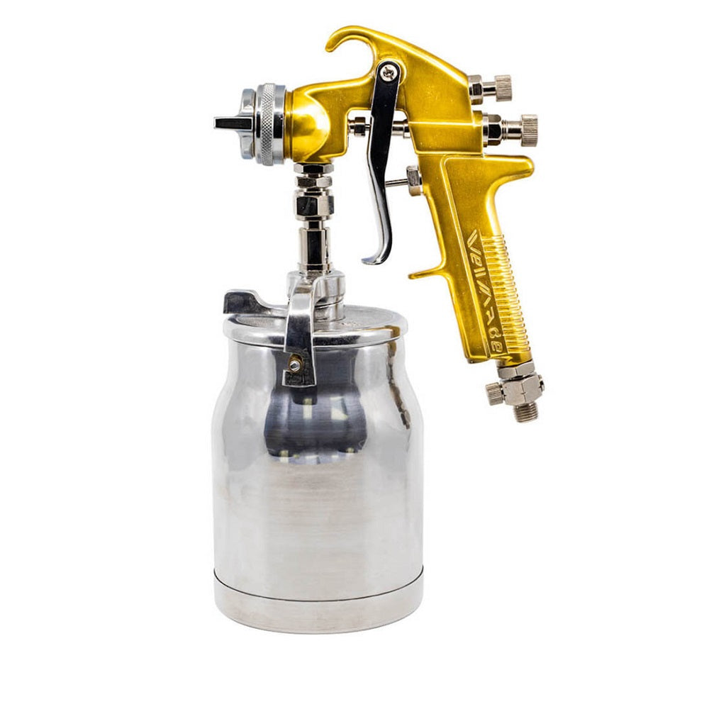 Wellmade Spray Gun and Cap-W7002-S. Front view of silver pot with gold gun attached.