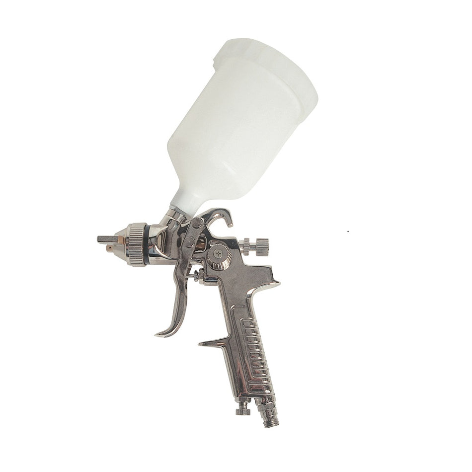 Wellmade Gravity Spray Gun-W7014. Front view of silver spray gun with white plastic cup on the top.