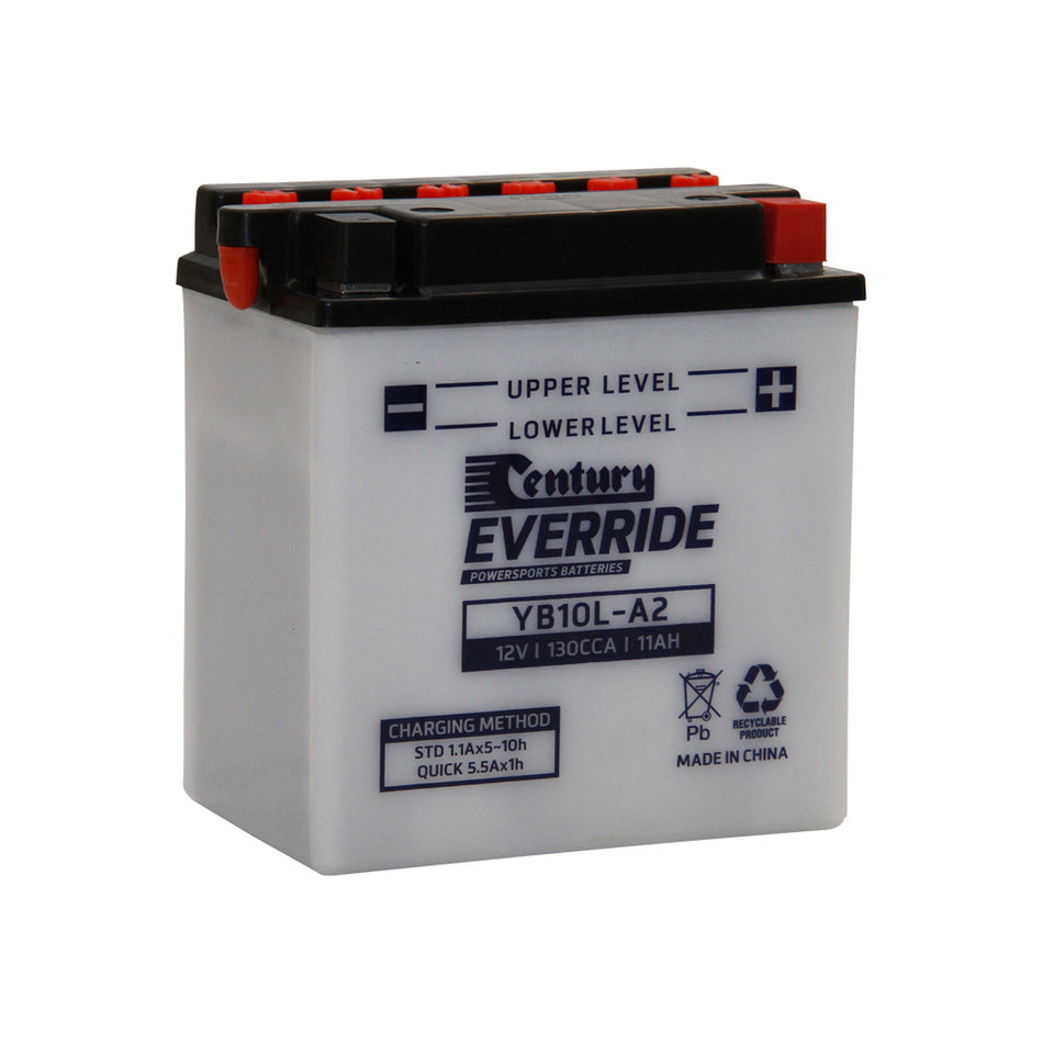 EverRide Battery: Motorcycle FLA 12V 130CCA-YB10L-A2. Front view of grey battery with black top and red positive terminal and also black logo and writing.