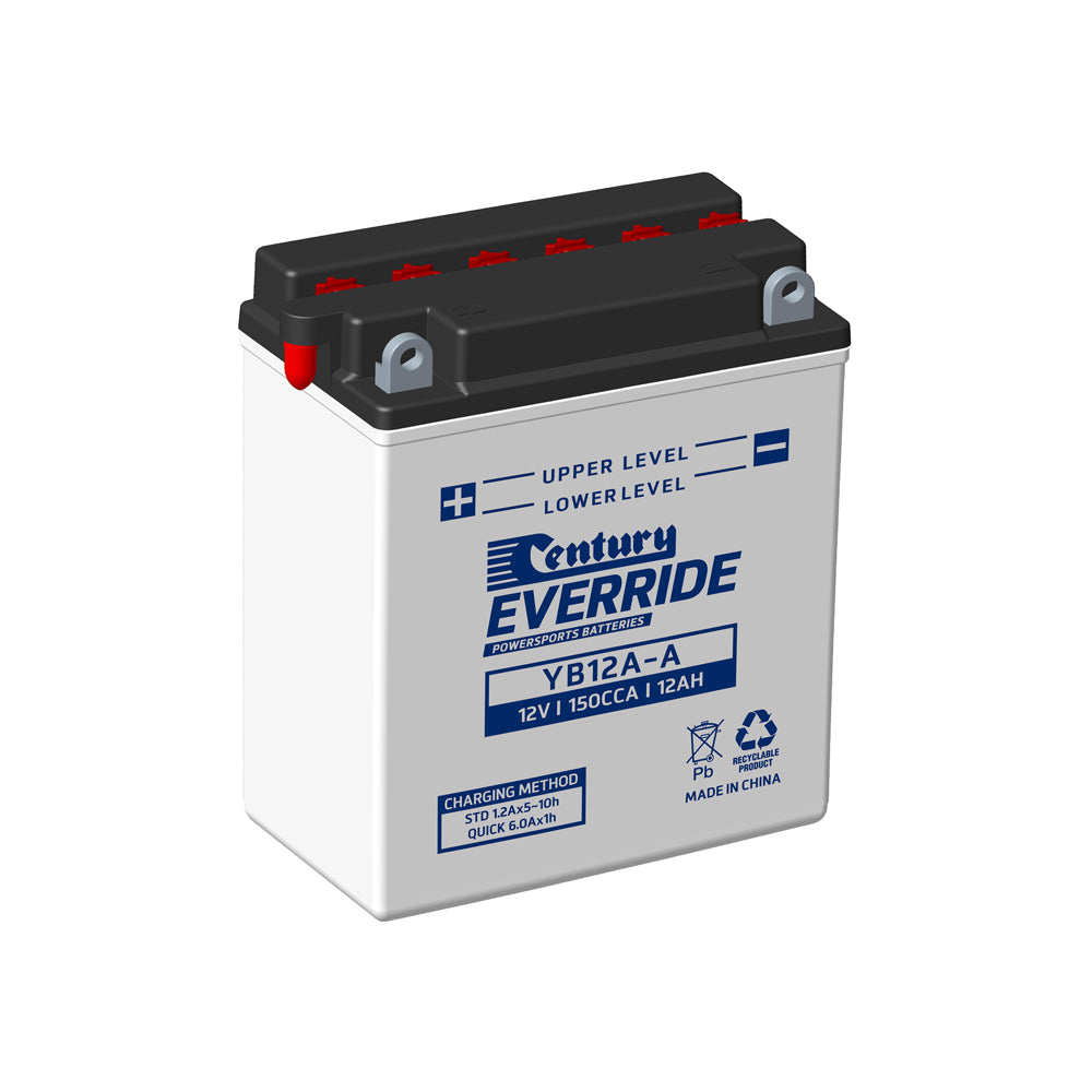 EverRide Battery: Motorcycle FLA 12V 150CCA-YB12A-A. Front view of grey battery with black top and blue writing on front and grey terminals.