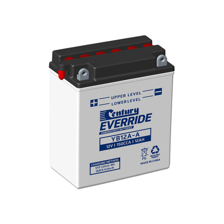 EverRide Battery: Motorcycle FLA 12V 150CCA-YB12A-A. Front view of grey battery with black top and blue writing on front and grey terminals.