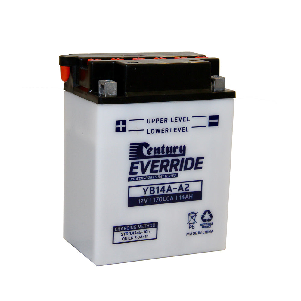 Century EveryRide Battery: Motorcycle FLA 12V 170CCA-YB14A-A2. Front view of white battery with dark blue writing and silver terminals.