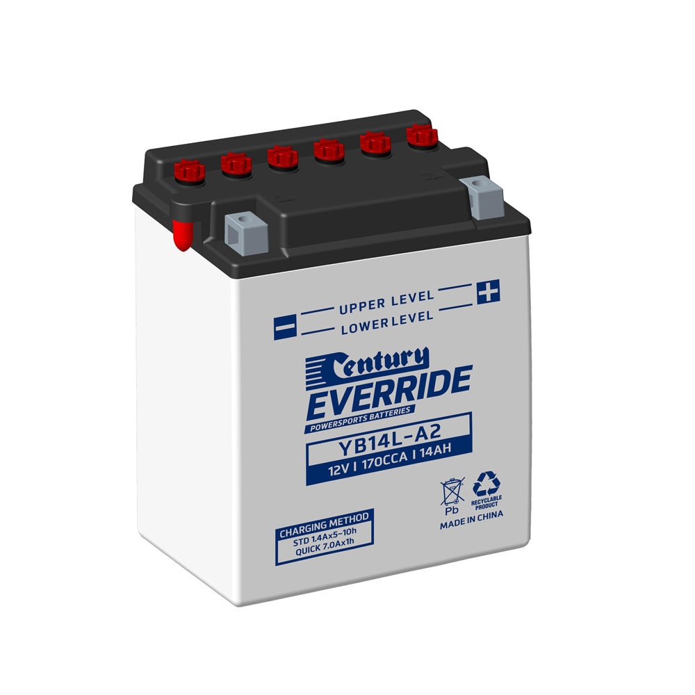 Century EverRide Battery: Motorcycle FLA 12V 170CCA-YB14L-A2. Front view of white battery with dark blue writing and grey terminals.