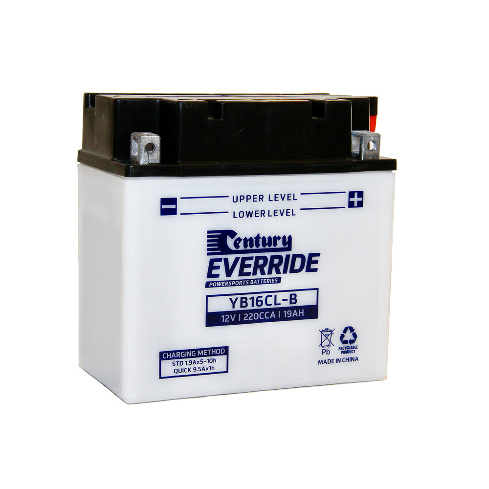 Century EverRide Battery: Motorcycle FLA 12V 220CCA-YB16CL-B. Front view of white battery with dark blue writing and metal terminals.