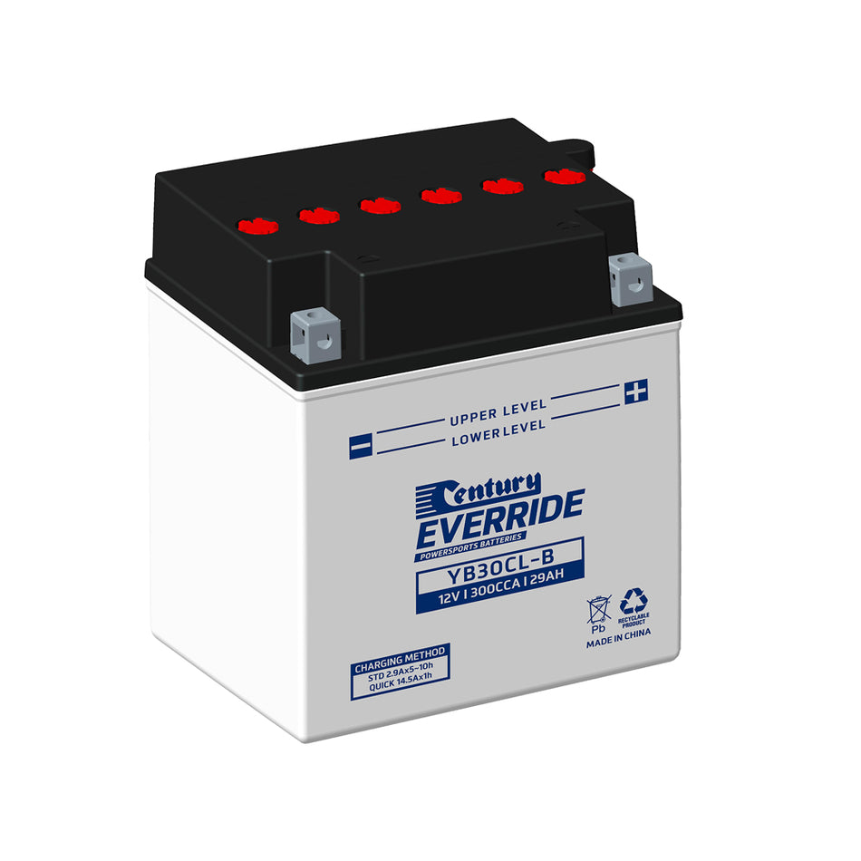 Century EverRide Battery: Motorcycle FLA 12V 300CCA-YB30CL-B. Front view of white battery with dark blue writing and grey terminals.