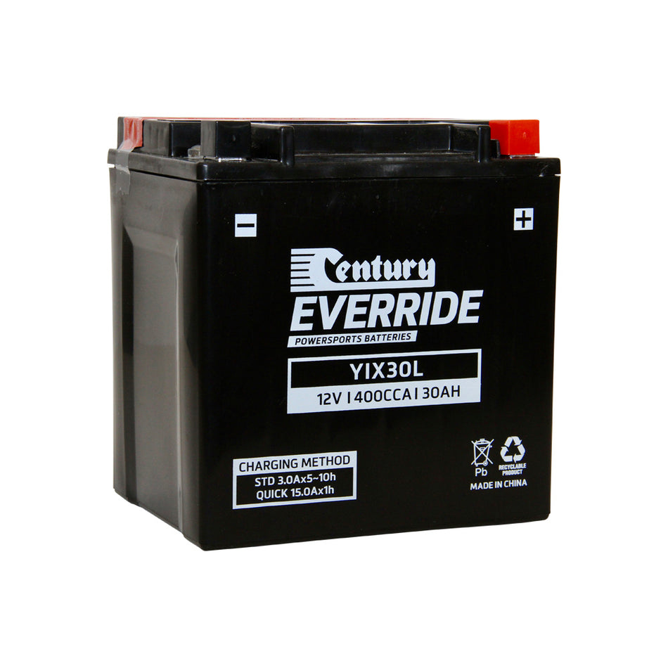 EverRide Battery: Motorcycle AGM 12V 400CCA - YIX30L. Front view of black battery with white writing and Century logo and a red positive terminal.