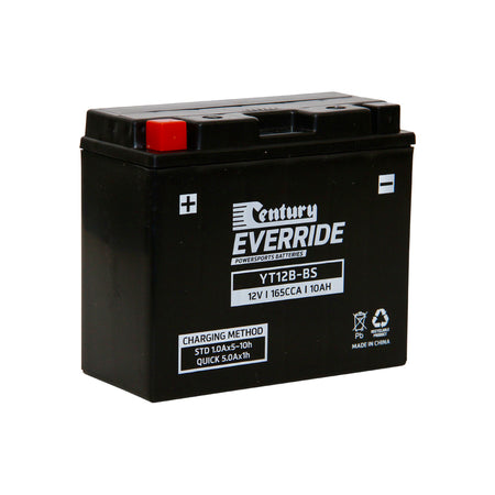 EverRide Battery: Motorcycle AGM 12V 165CCA-YT12B-BS. Front view of black battery with white Century EverRide logo and white writing and a red positive terminal.