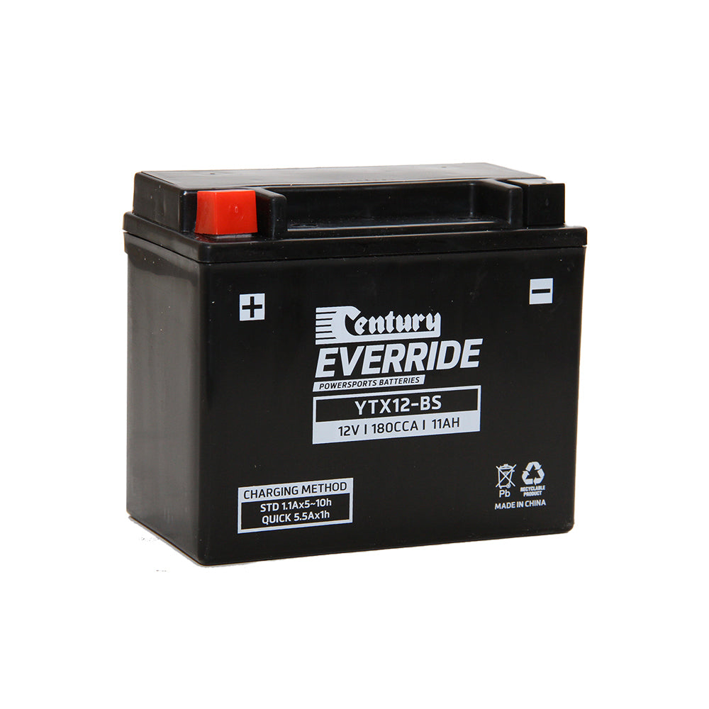 Century EverRide Battery: Motorcycle 12V 180CCA- YTX12-BS. Front view of black battery with white writing and a red positive terminal.
