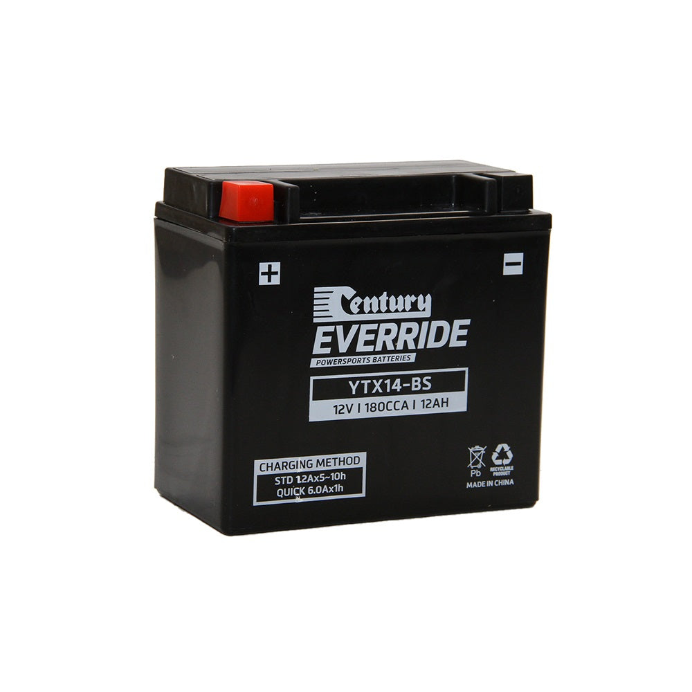 Century EverRide Battery: Motorcycle AGM 12V 180CCA-YTX14-BS. Front view of black battery with white writing and a red positive terminal.