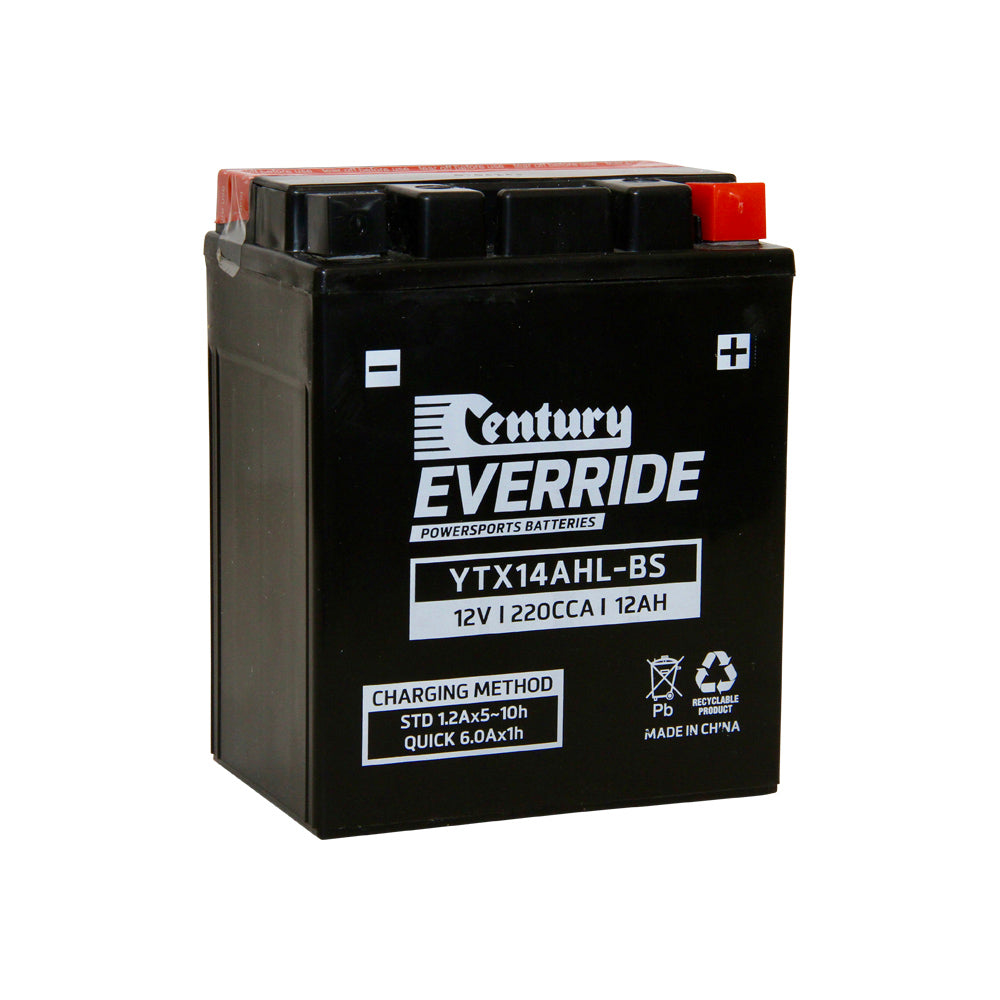 EverRide Battery: Motorcycle AGM 12V 220CCA - YTX14AHL-BS. Front view of black battery with white Century and EverRide logo and white writing and one red positive terminal on the right.