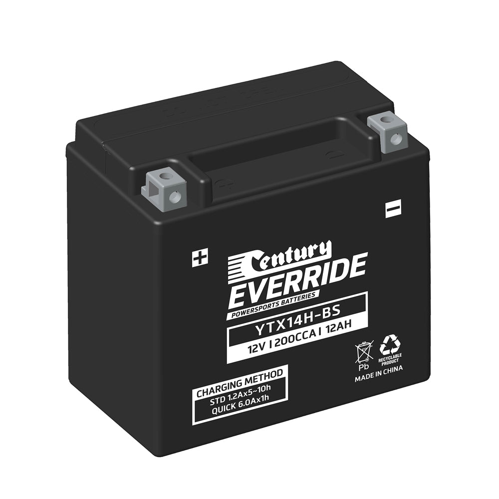 Century EverRide Battery: Motorcycle AGM 12V 200CCA-YTX14H-BS. Front view of black battery with white writing and grey terminals.