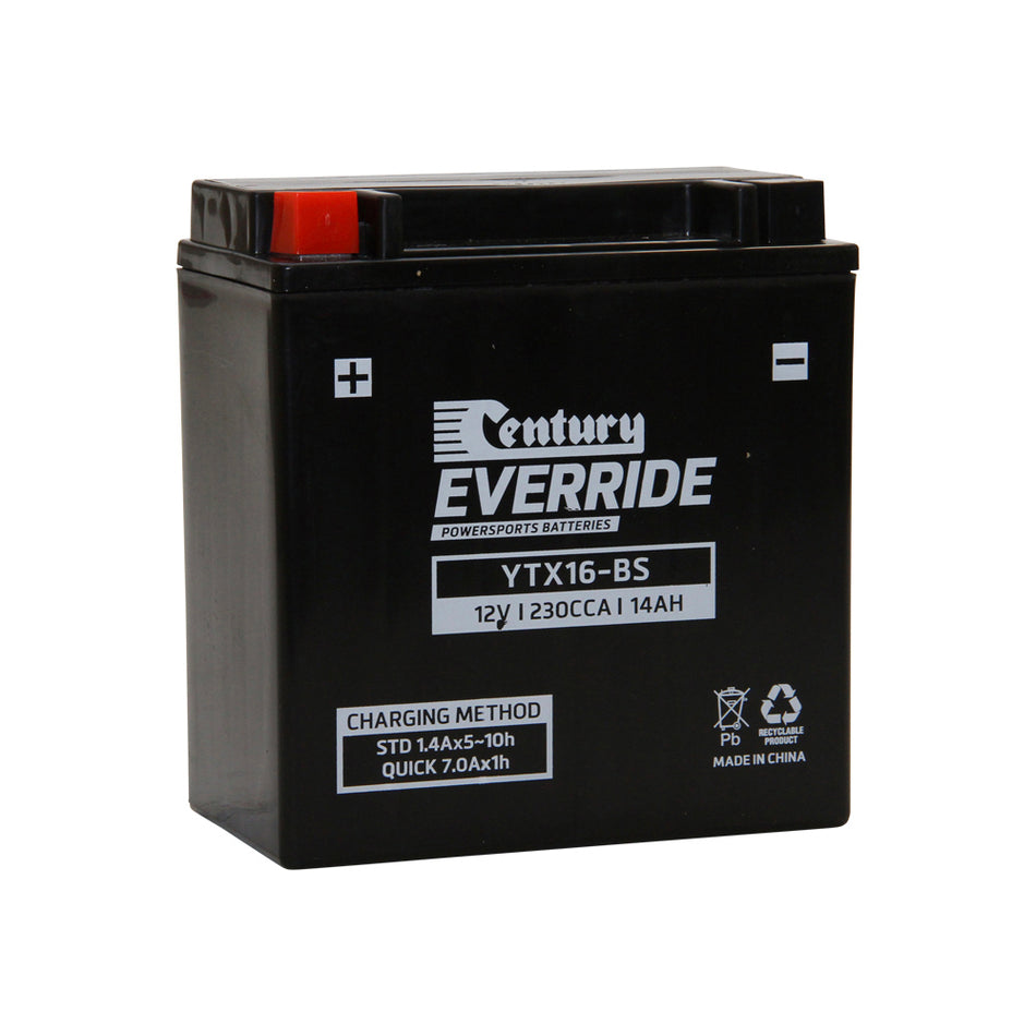 EverRide Battery: Motorcycle AGM 12V 230CCA-YTX16-BS. Front view of black battery with white Century EverRide logo and white writing with red positive terminal.