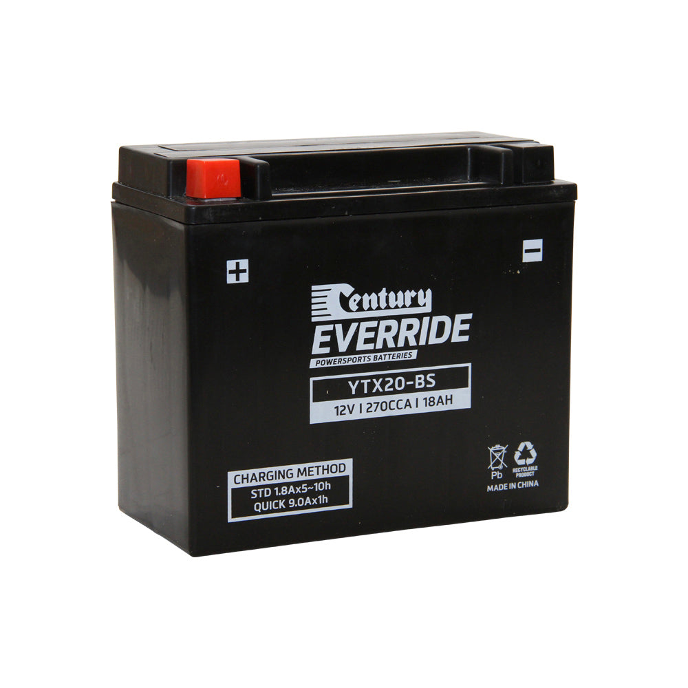 EverRide Battery: Motorcycle AGM 12V 270CCA-YTX20-BS. Front view of black battery with white Century EverRide logo and white writing and a red positive terminal.