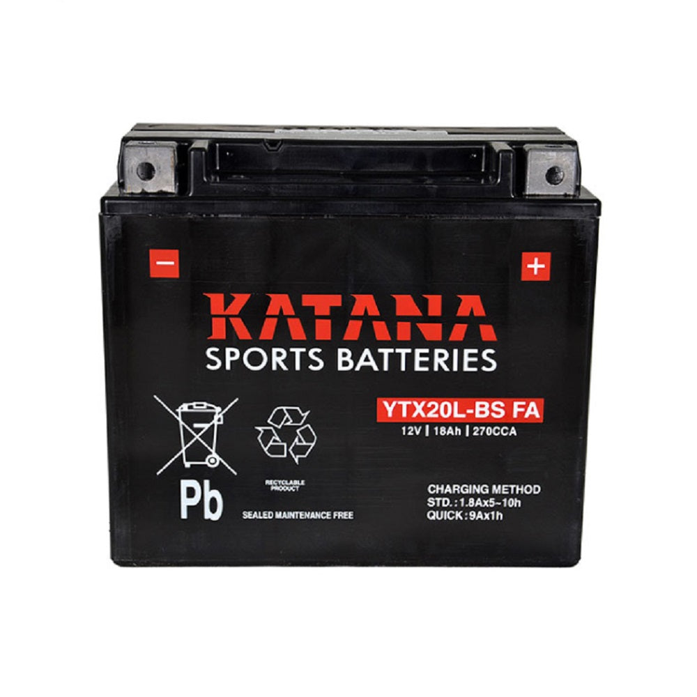 Katana Battery Motorcycle/Jet Ski VRLA 12V 270CCA-YTX20L-BS FA. Front view of black battery with red Katana logo on front with white writing.