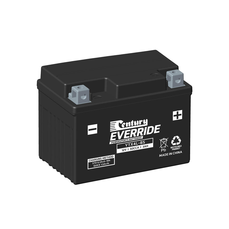 Century EverRide Battery: Motorcycle AGM 12V 50CCA-YTX4L-BS. Front view of black battery with white writing and grey terminals.