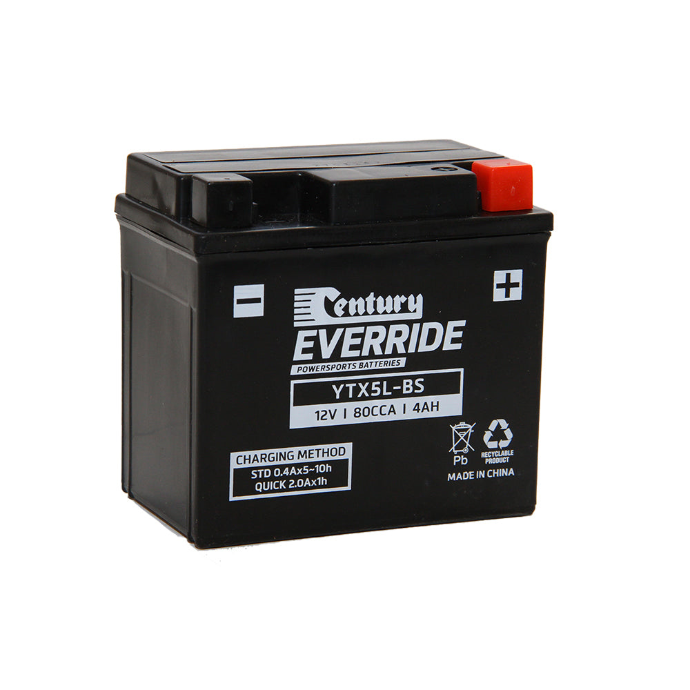 Century Everride Battery: Motorcycle AGM 12V 80CCA-YTX5L-BS. Front view of black battery with white writing and red positive terminal.