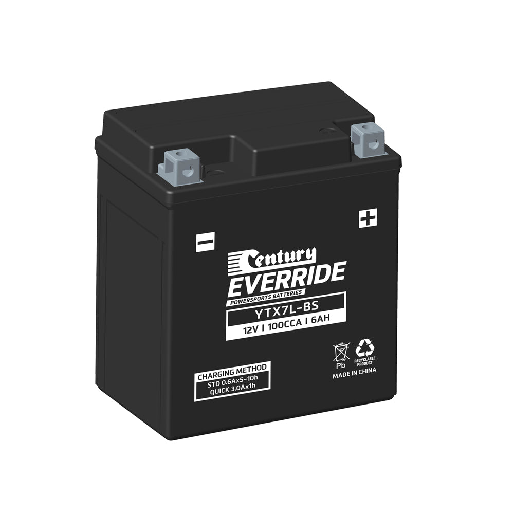 Century EverRide Battery: Motorcycle AGM 12V 100CCA-YTX7L-BS. Front view of black battery with white writing and grey terminals.