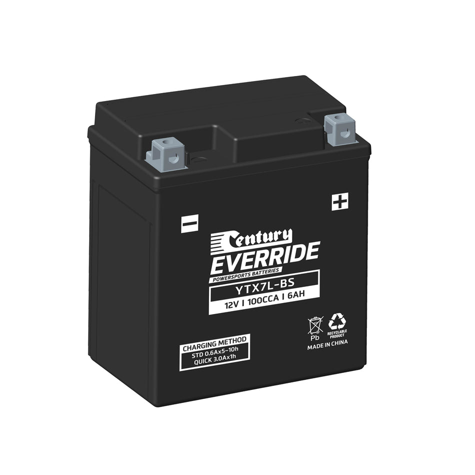 Century EverRide Battery: Motorcycle AGM 12V 100CCA-YTX7L-BS. Front view of black battery with white writing and grey terminals.