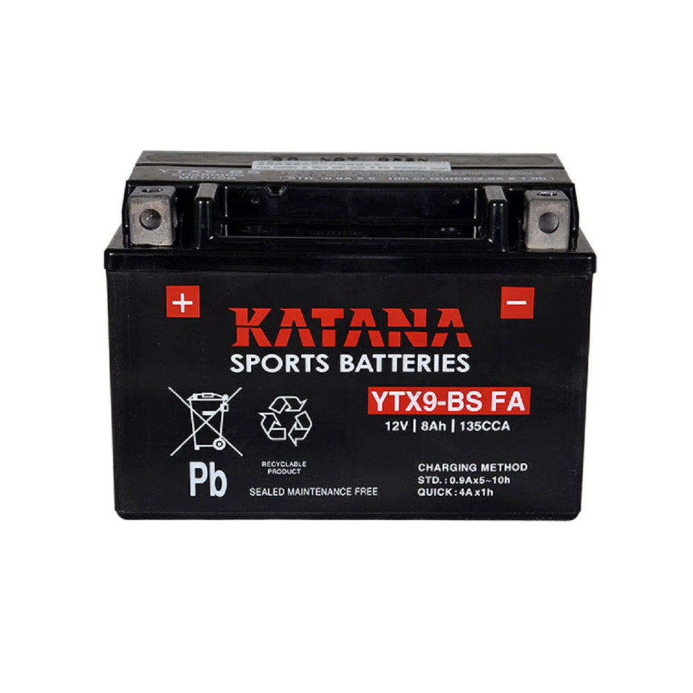 Katana Battery: Motorcycle VRLA 12V 135CCA - YTX9-BS FA.  Front view of battery showing labeling and terminal configuration.