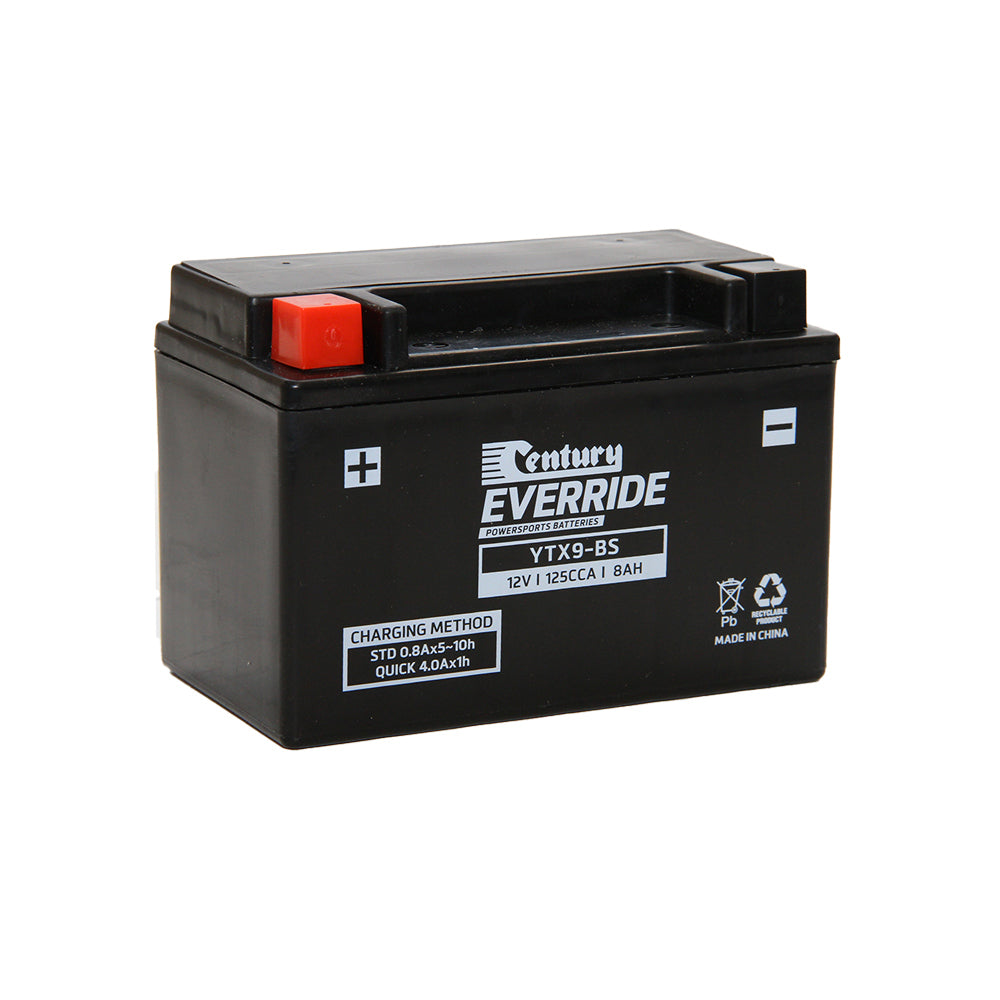 Century EverRide Battery: Motorcycle AGM 12V 125CCA-YTX9-BS. Front view of black battery with white writing and a red positive terminal.