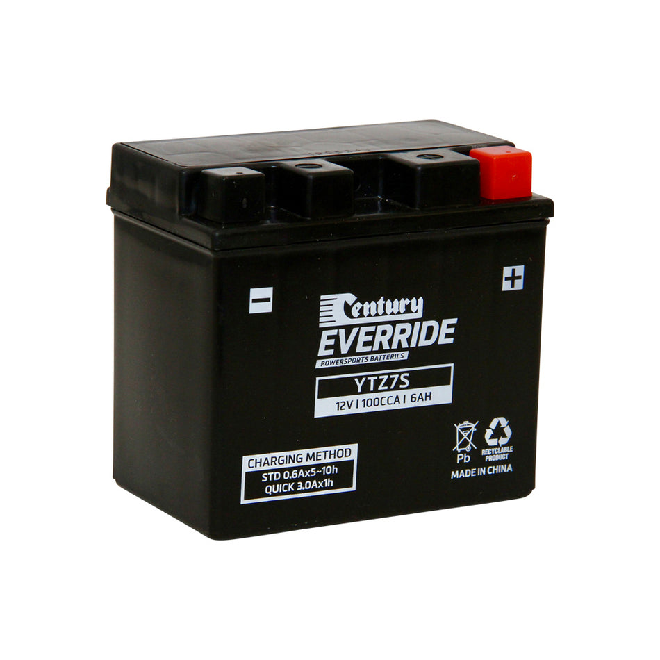 EverRide Battery: Motorcycle AGM 12V 100CCA - YTZ7S. Front view of black battery with white Century logo and white writing with one red positive terminal.