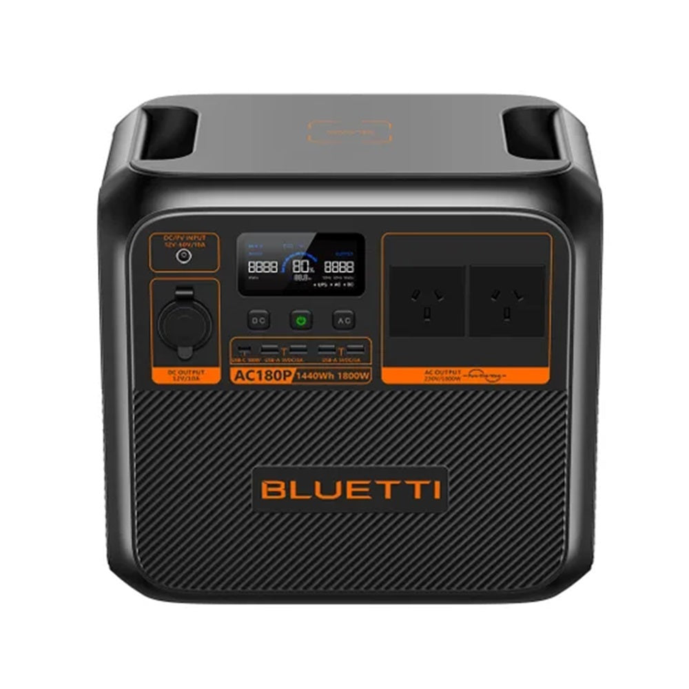 BLUETTI AC180P Portable Power Station-AC180P. Front view of black square power pack with LED screen and orange writig.